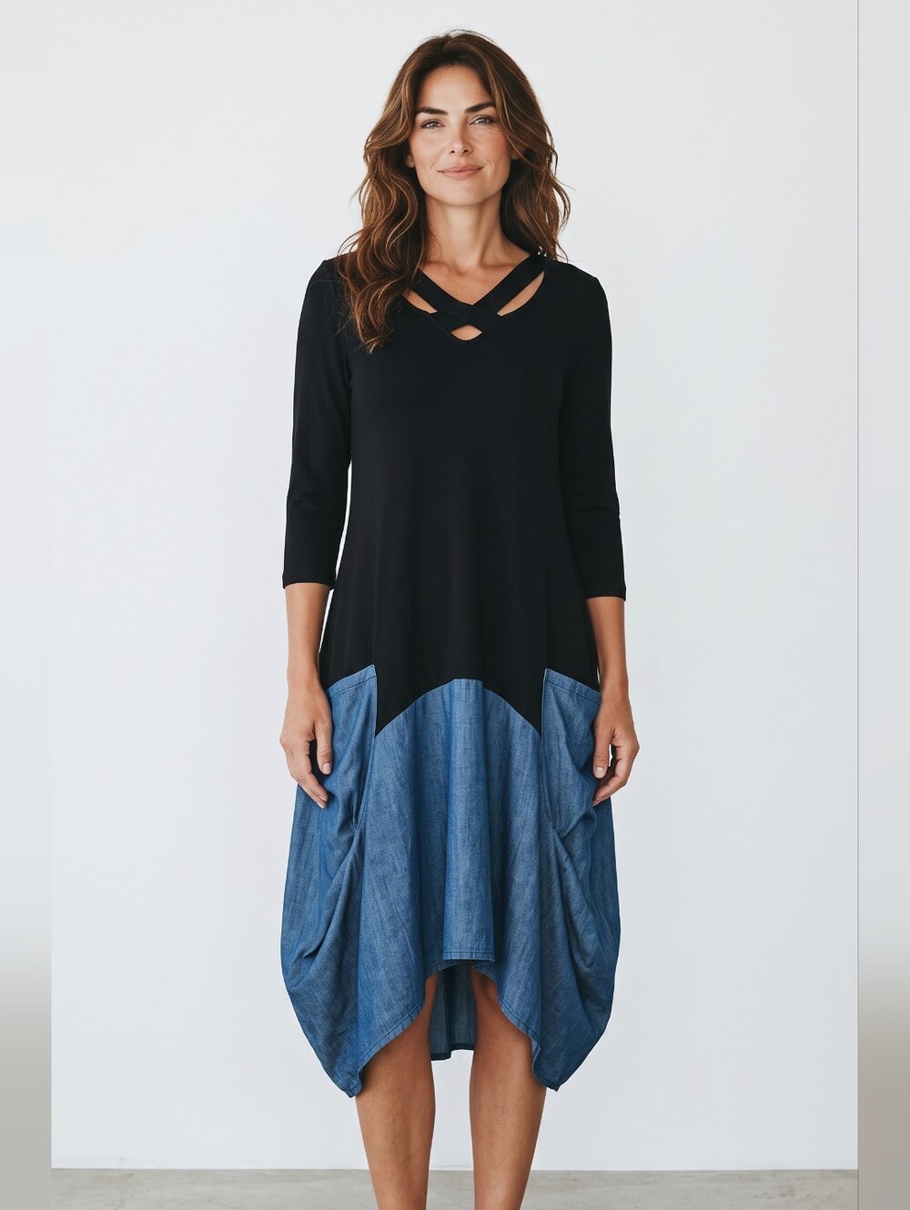 Joseph Ribkoff black and blue colorblock Handkerchief dress .. Size 8